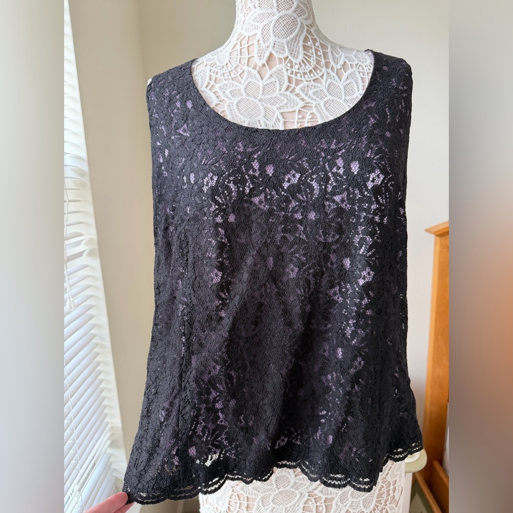 EUC Norton McNaughton Black Lace and Purple Satin Tank top Size 18 Witchy Goth